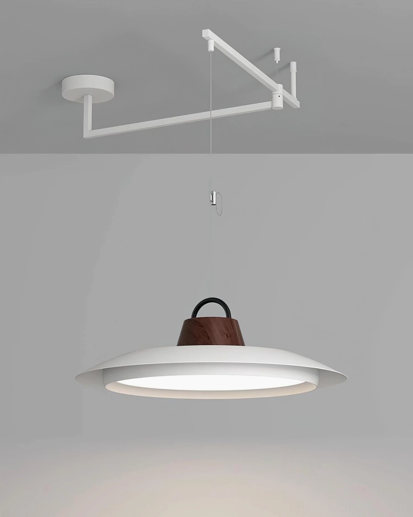 Swing arm pendant light in various finish options chrome black white walnut color comparison