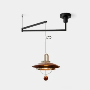 Modern swing arm pendant light with metal dome shade displayed on white background, front view