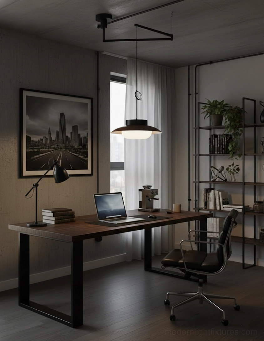 Full view swing arm pendant light with metal frame and opal shade showing sculptural design form