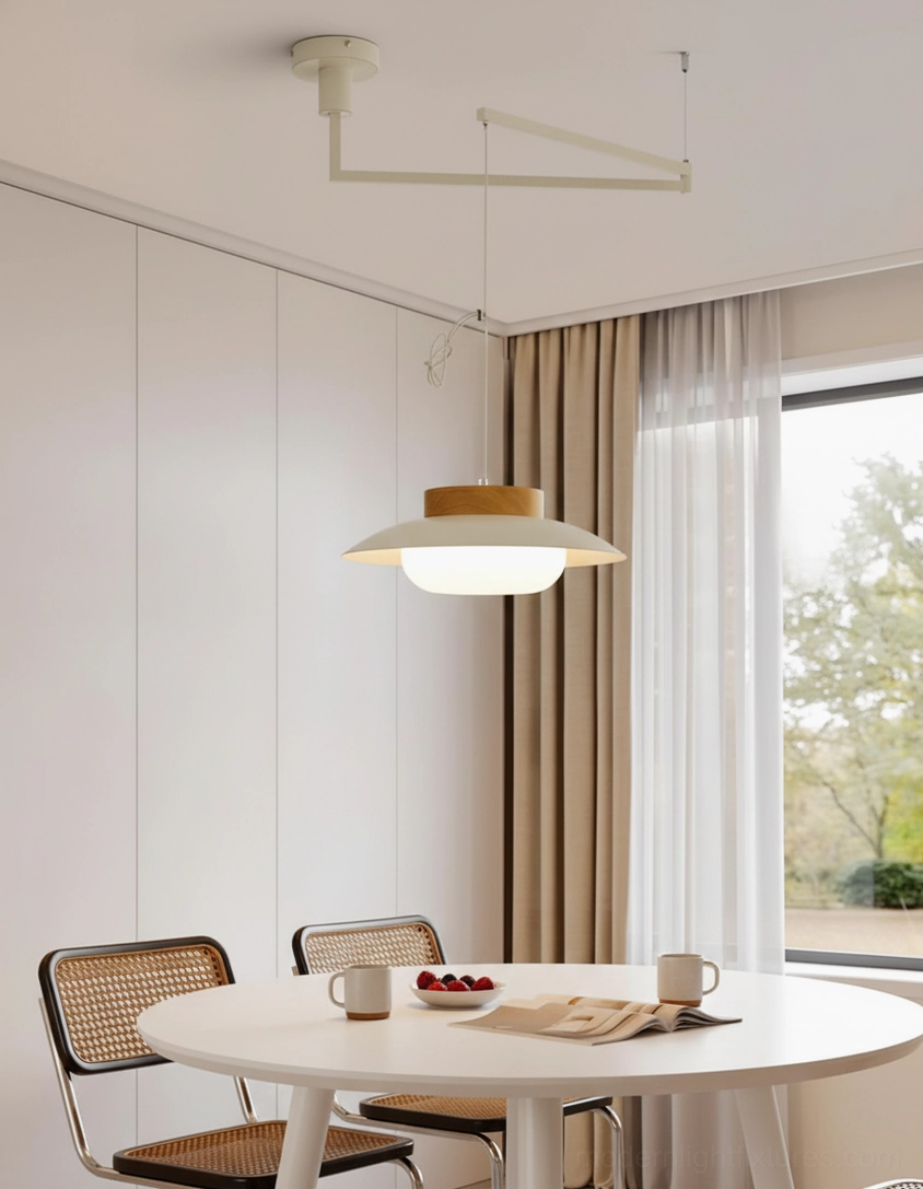 Close-up detail of swing arm pendant light showing opal glass diffuser and wood accent materials