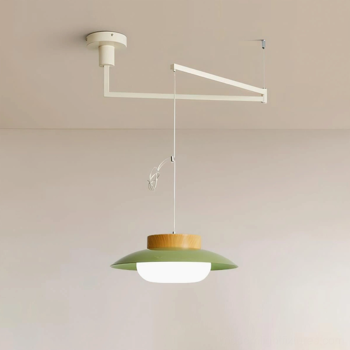 Contemporary swing arm pendant with off-white metal arm and green opal glass shade with wood detail
