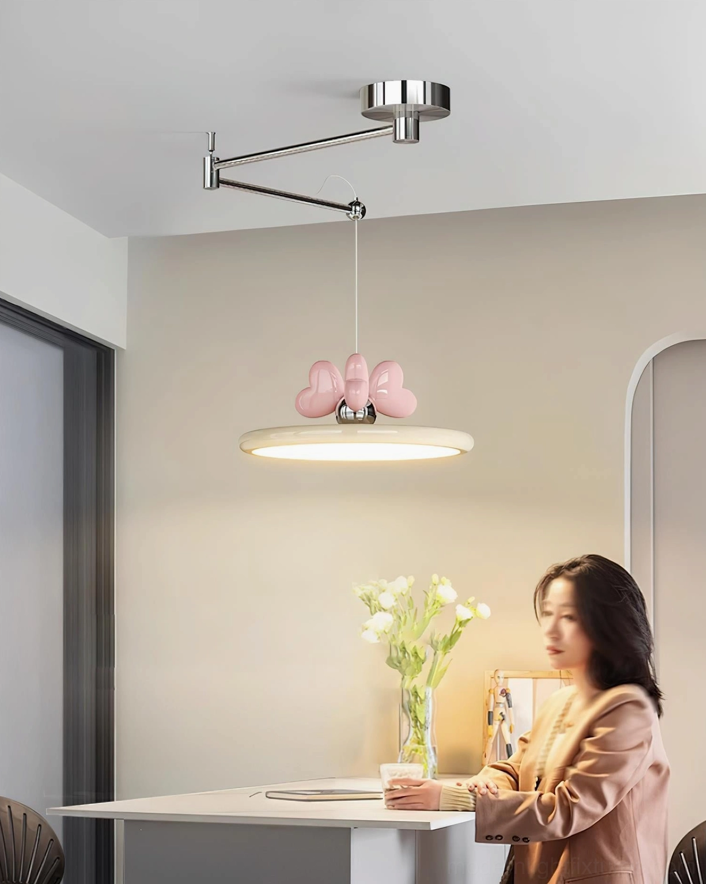 Modern swing arm pendant light with integrated LED design and adjustable chrome arm mechanism