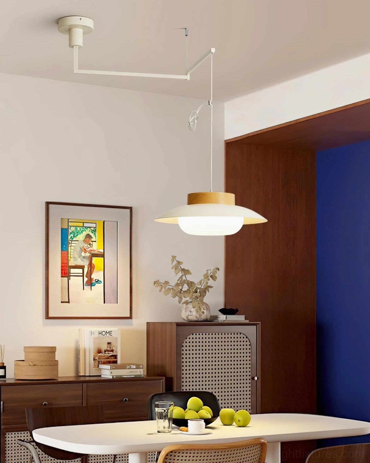 Modern swing arm pendant with integrated LED technology showing 50,000 hour lifespan efficiency