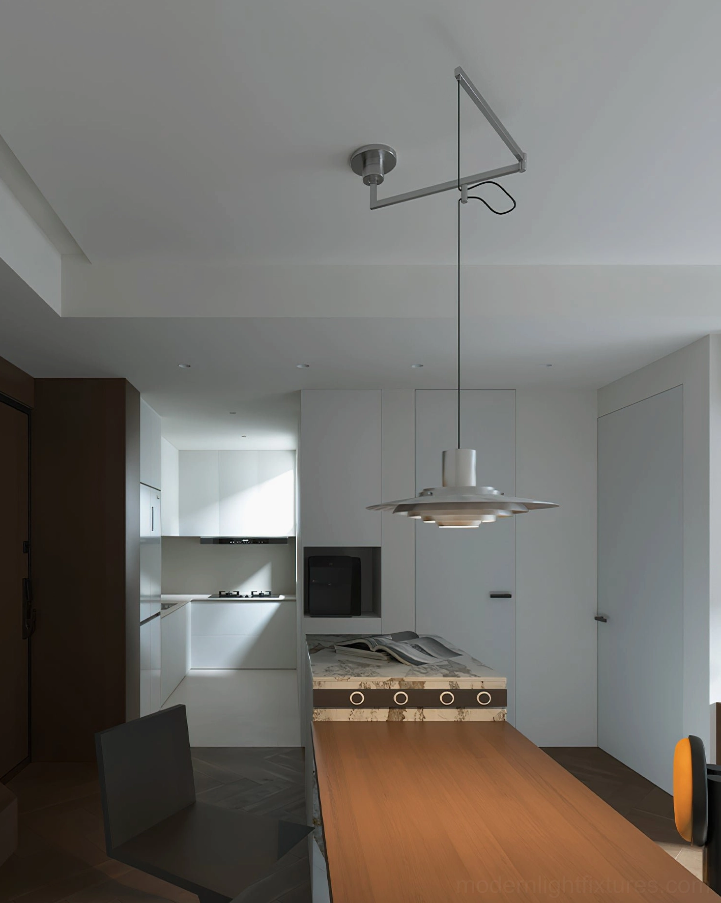 Swing arm pendant light hanging above wooden dining table in modern kitchen-dining area, demonstrating task lighting functionality