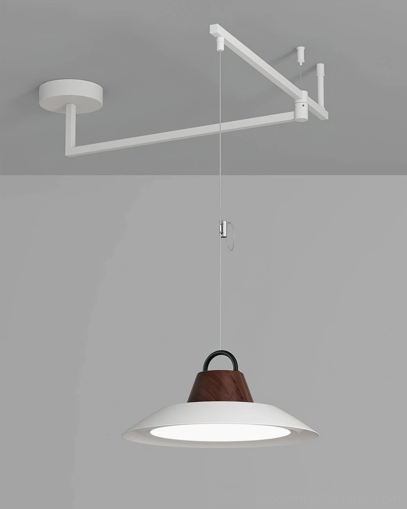Swing arm pendant light fixture showing adjustable arm mechanism and dome shade design detail