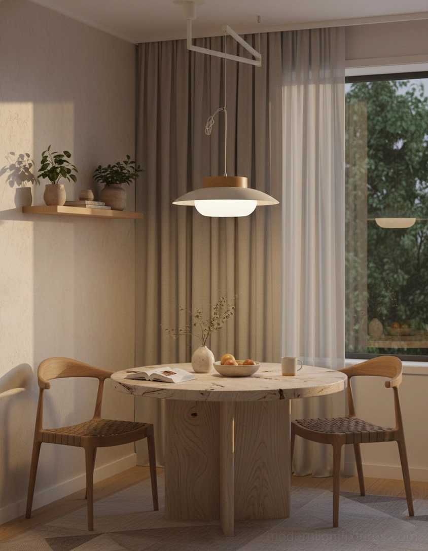 Swing arm pendant light with light neutral metal arm and warm wood-toned shade in cozy wooden dining room