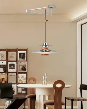 Swing arm pendant light in Nordic dining room interior, warm minimalist decor setting