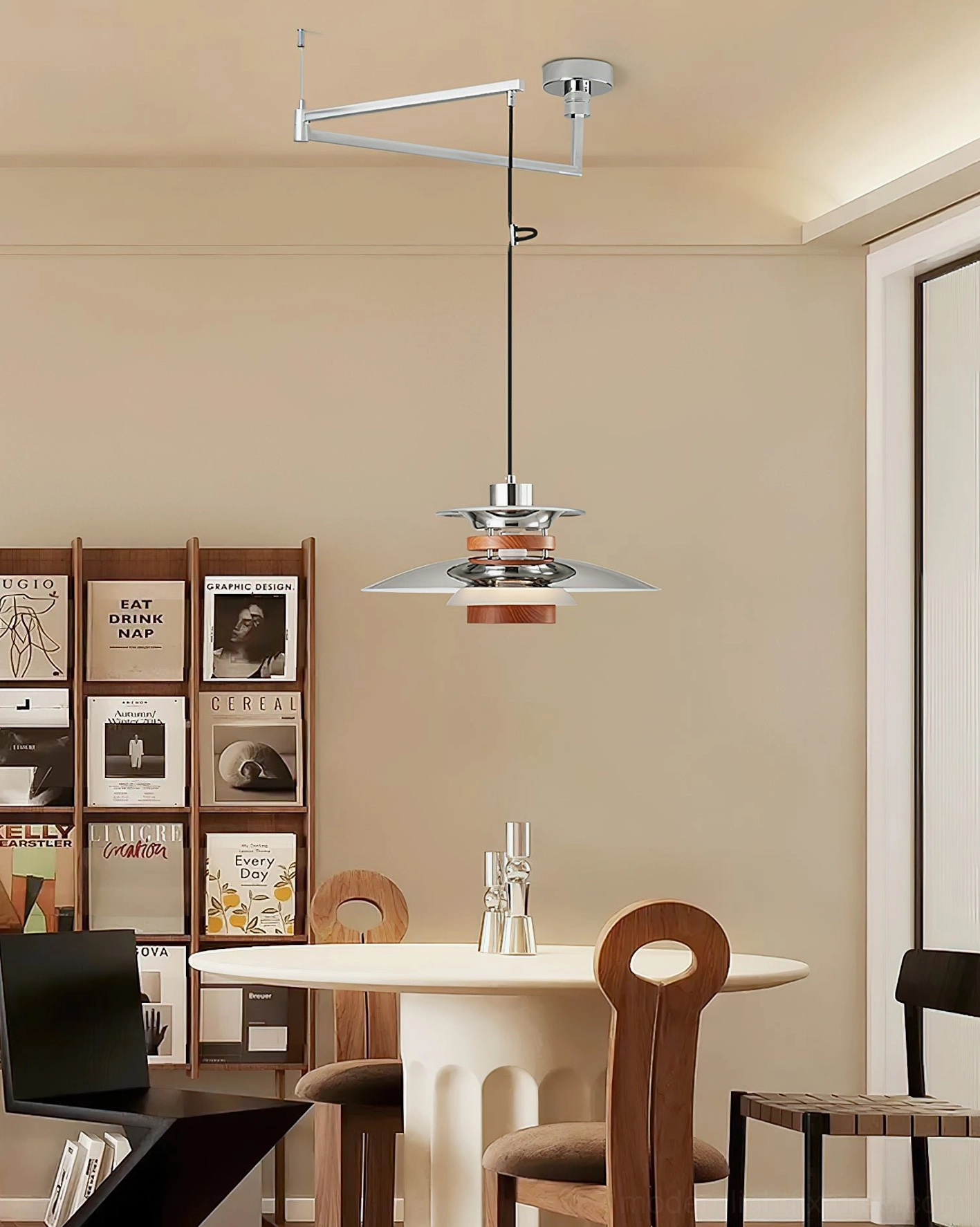 Swing arm pendant light in Nordic dining room interior, warm minimalist decor setting