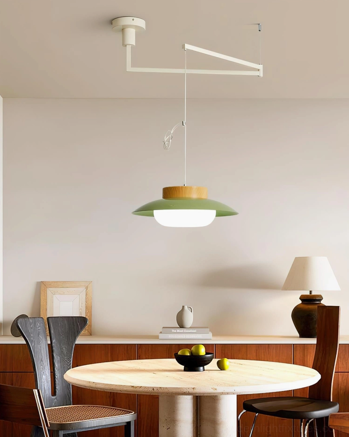 Contemporary swing arm pendant light design combining Nordic minimalism with mid-century articulation