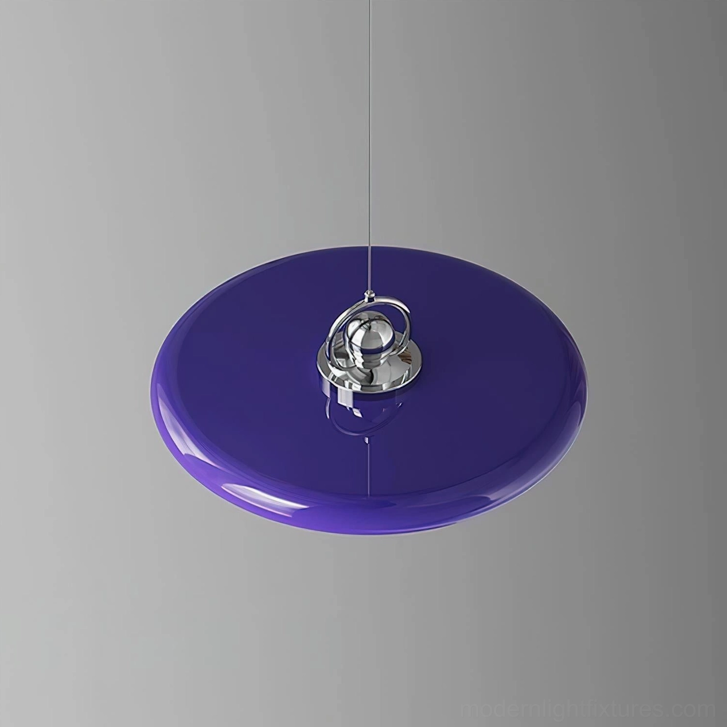 Close-up overhead view of swing arm pendant light showing glossy purple disc shade and chrome ceiling mounting hardware details