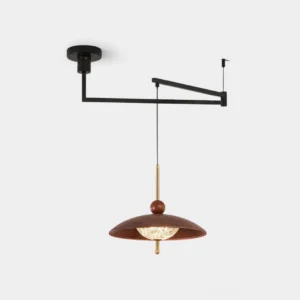 Calviro swing arm pendant light with matte black metal frame and walnut shade in studio view