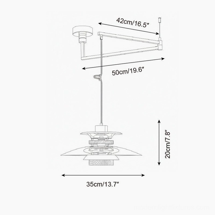 Swing arm pendant light technical dimensions drawing, size comparison 35cm 40cm 50cm