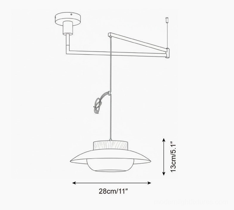 Technical schematic and line drawing of swing arm pendant light showing 28cm diameter and 13cm height dimensions