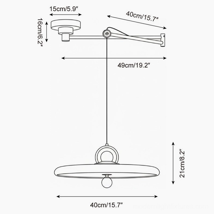 Technical schematic and dimension drawing of swing arm pendant light showing 40cm diameter and 21cm height specifications