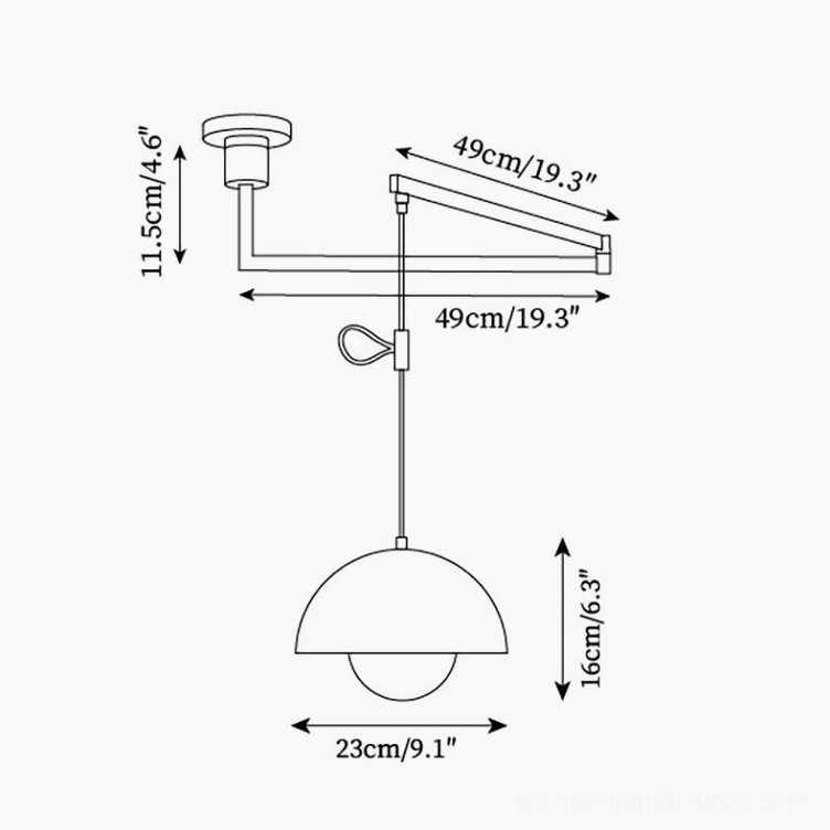 Swing arm pendant light technical dimension specifications and orthographic drawing