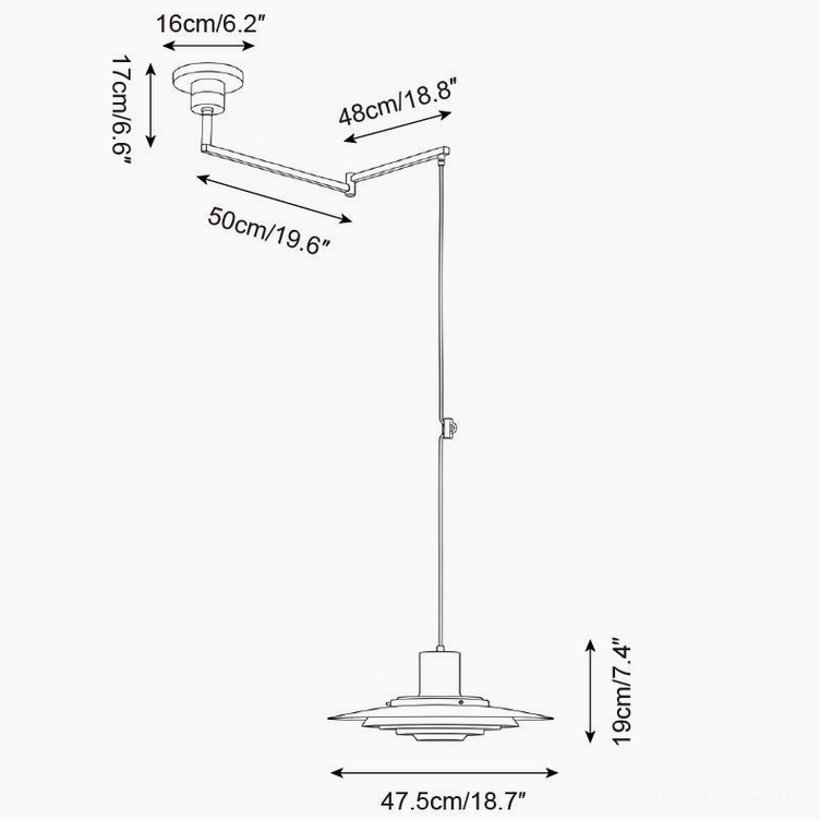 Technical dimension drawing and specifications for statement-size swing arm pendant light, orthographic projection showing larger size variant