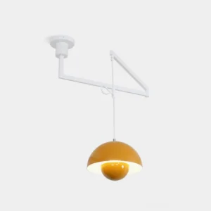Modern swing arm pendant light with matte white metal arm and dome shade on studio background