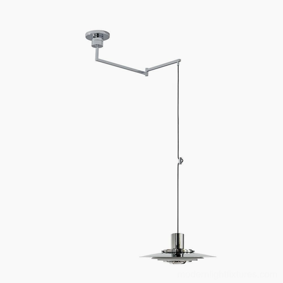 Swing arm pendant light in white finish, modern minimalist design with adjustable arm mechanism for flexible positioning
