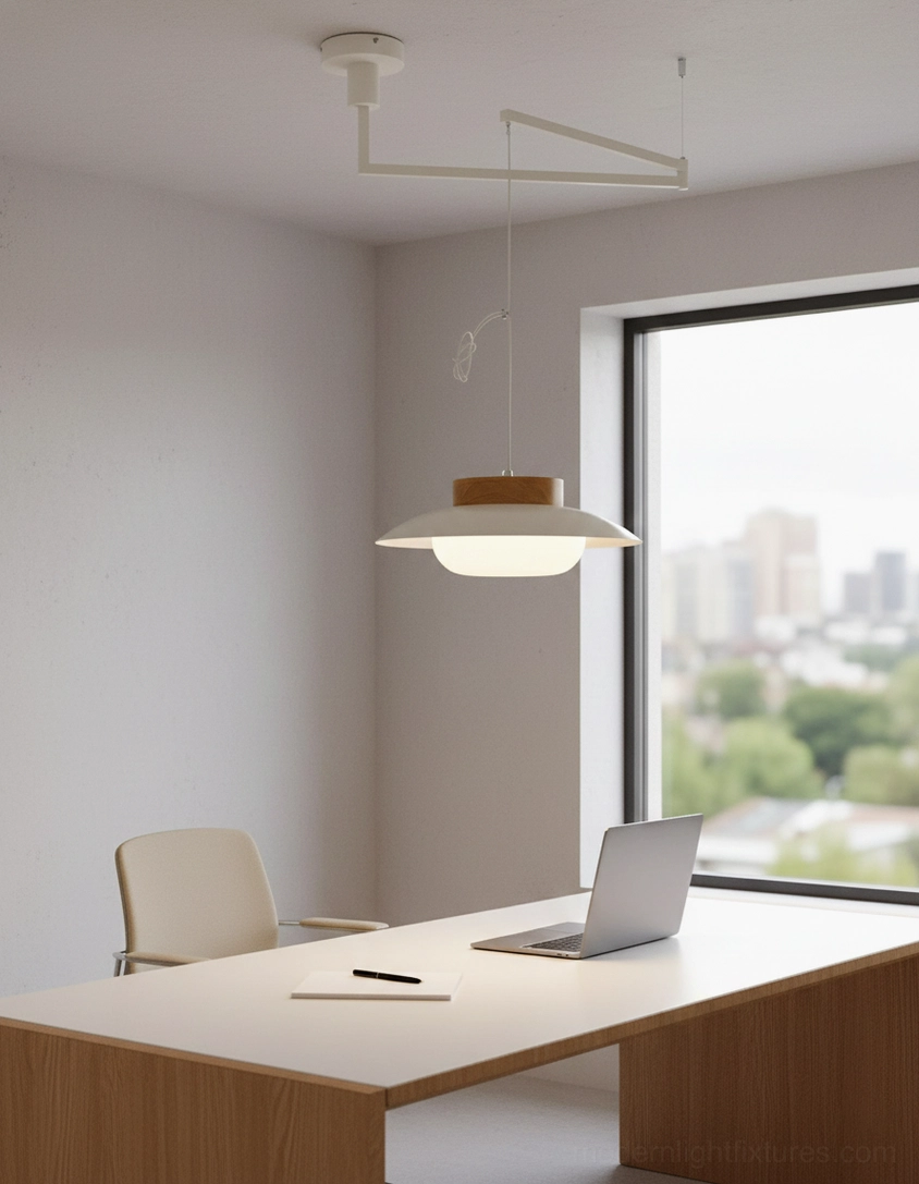 Contemporary swing arm pendant with white metal arm and warm wood-toned saucer shade in home office workspace