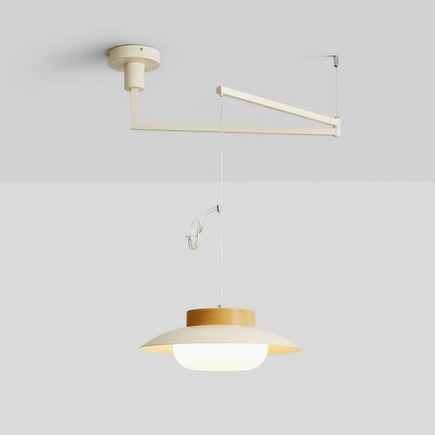 Swing arm pendant light in wood color and beige with warm white or triac dimming options for ambiance control