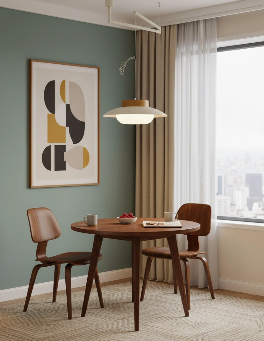 Adjustable swing arm pendant lamp with wood-toned saucer shade in small apartment dining corner