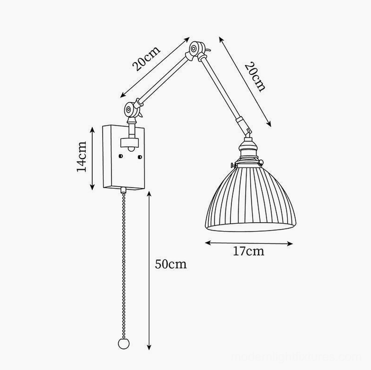 Large 17cm ribbed dome swing arm sconce technical specification orthographic view