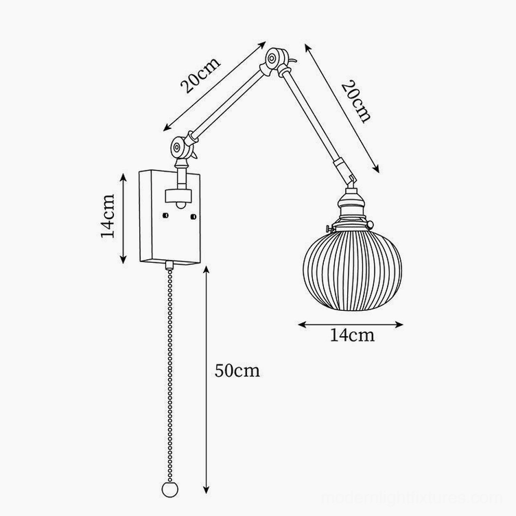 Swing arm sconce dimension schematic showing 14cm ribbed globe shade and arm length specifications