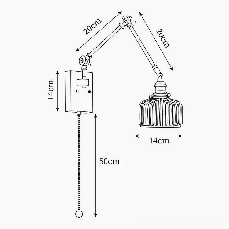 Swing arm wall sconce technical drawing with striped drum shade dimension specifications
