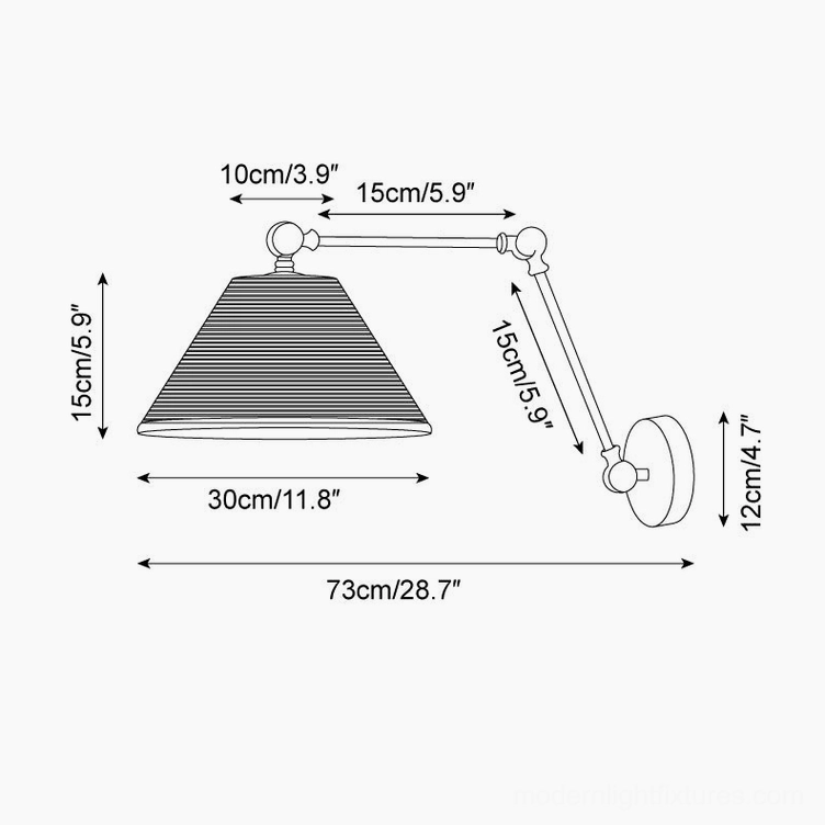 Technical dimension drawing and specifications of swing arm wall sconce - orthographic view