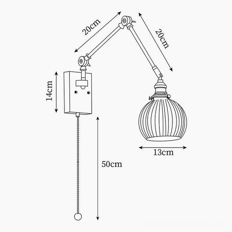 Swing arm wall lamp technical specification diagram with dimensions and measurements
