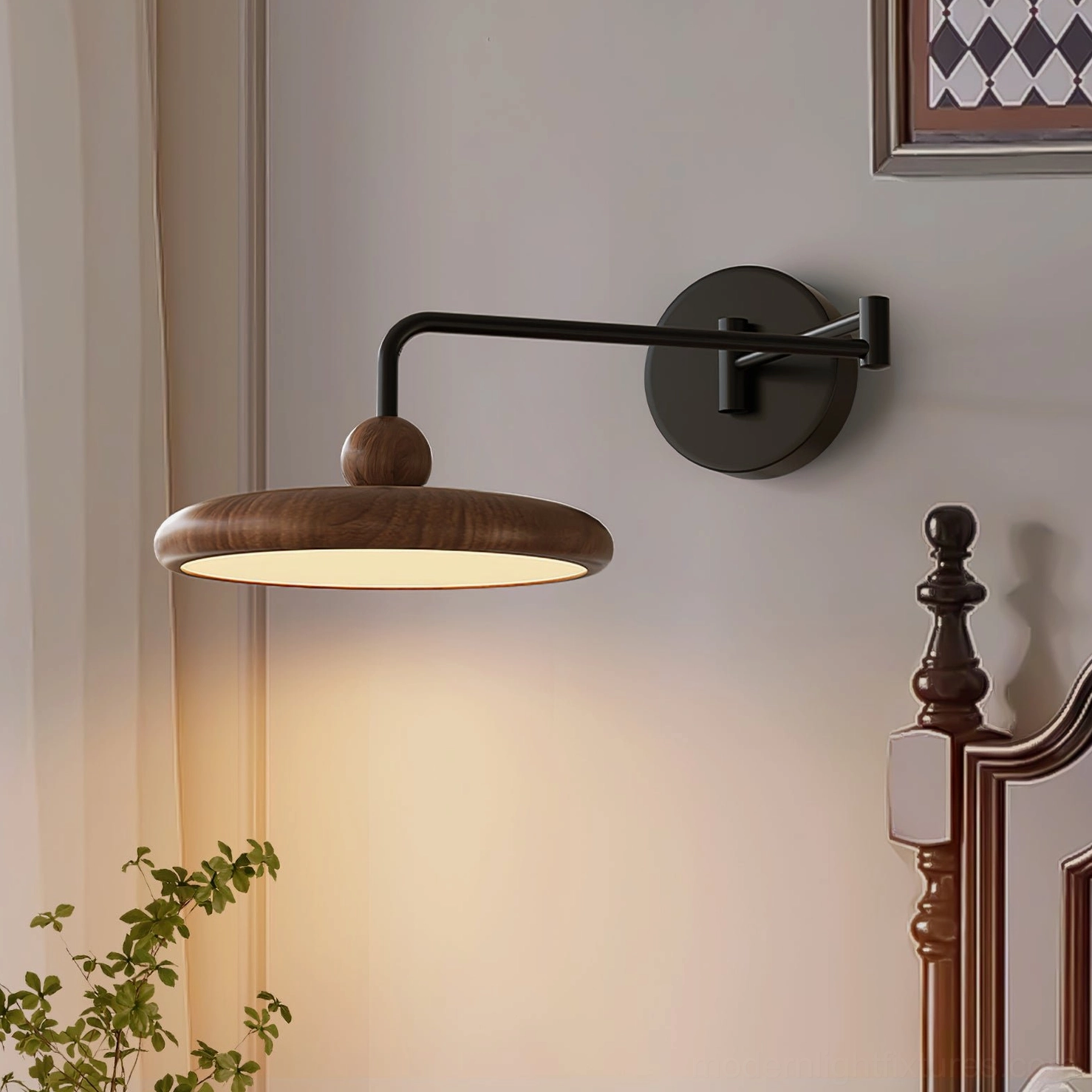 Adjustable plug-in wall lamp installed in bedroom corner creating warm ambient lighting above bed with green plant