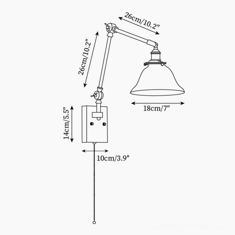 Technical specification drawing of swing arm wall lamp showing orthographic line art dimensions and product parameters