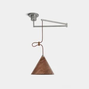 Swing arm pendant light with walnut wood cone shade and brushed nickel metal arm - front studio view