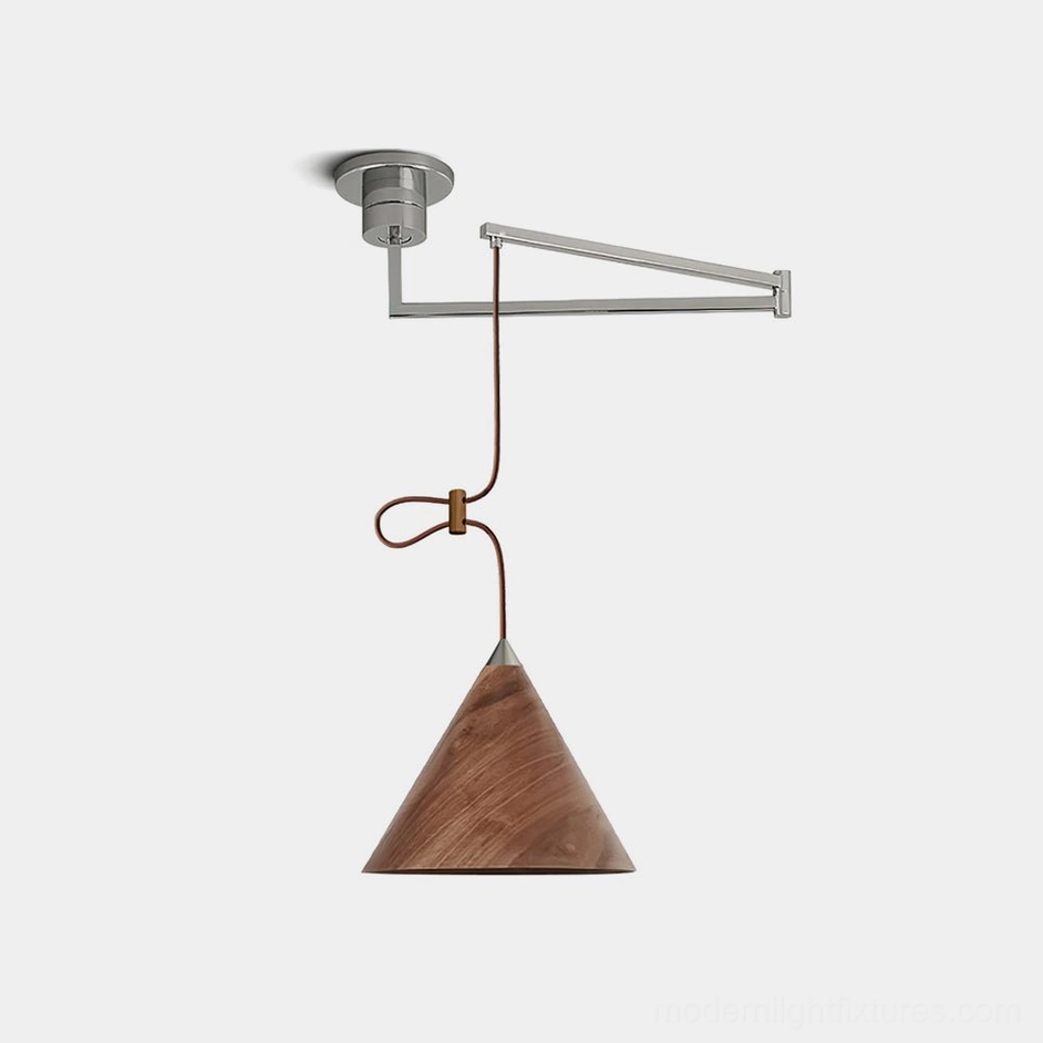 Swing arm pendant light with walnut wood cone shade and brushed nickel metal arm - front studio view