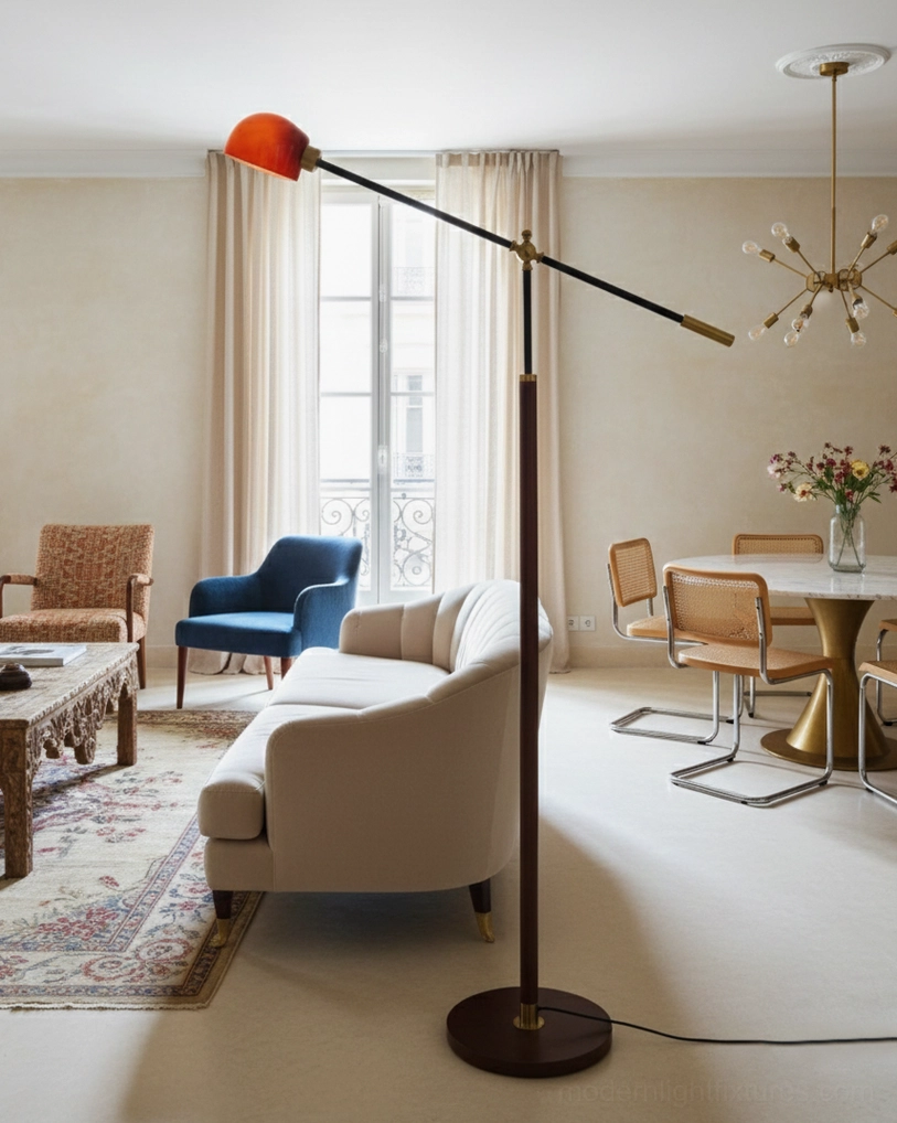 Modern adjustable swing arm floor lamp detail shot showing brass metal accents and mechanical arm design