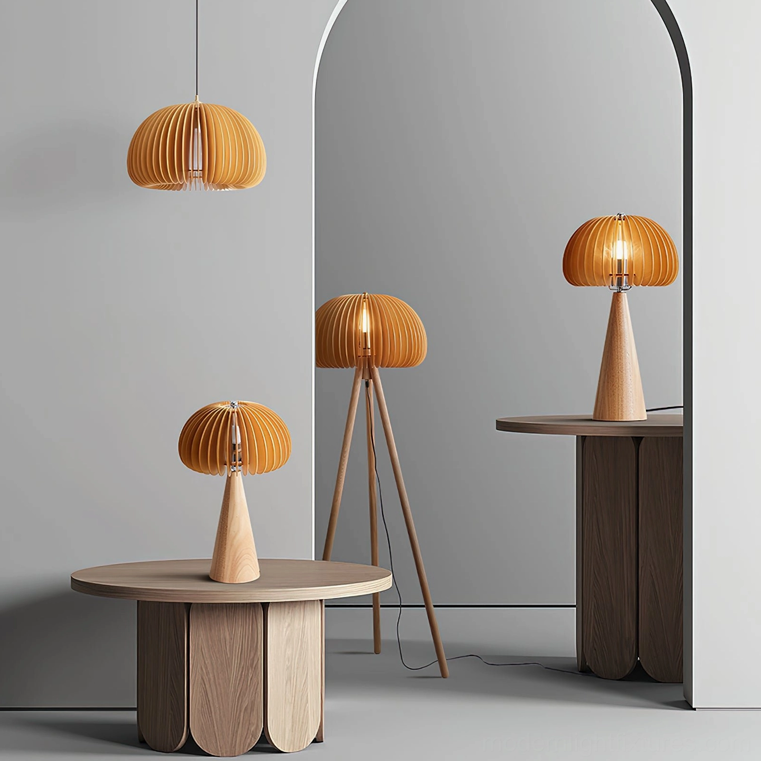 Multiple Sylora mushroom table and floor lamps in living room with archway, warm ambient lighting in modern apartment