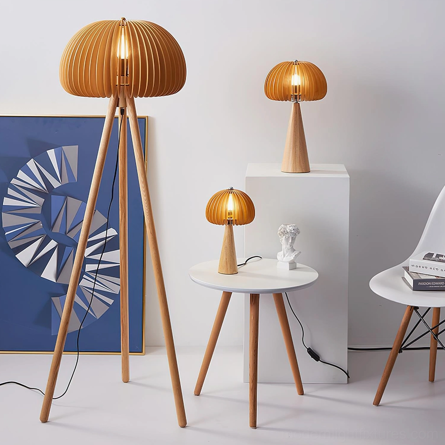 Matching set of Sylora mushroom lamps - floor and table versions in warm wood tones, modern home interior display