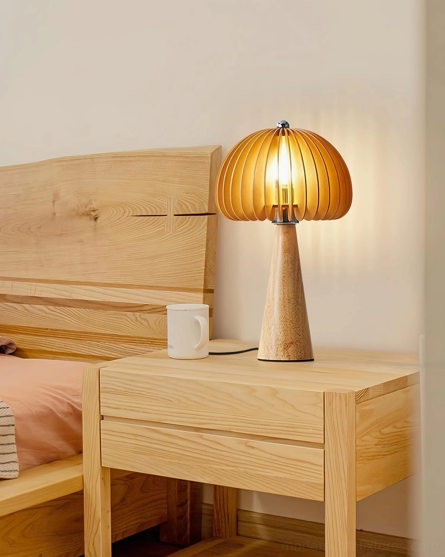 Sylora mushroom table lamp minimalist Nordic design with natural wood finish and ribbed dome shade, artistic lighting
