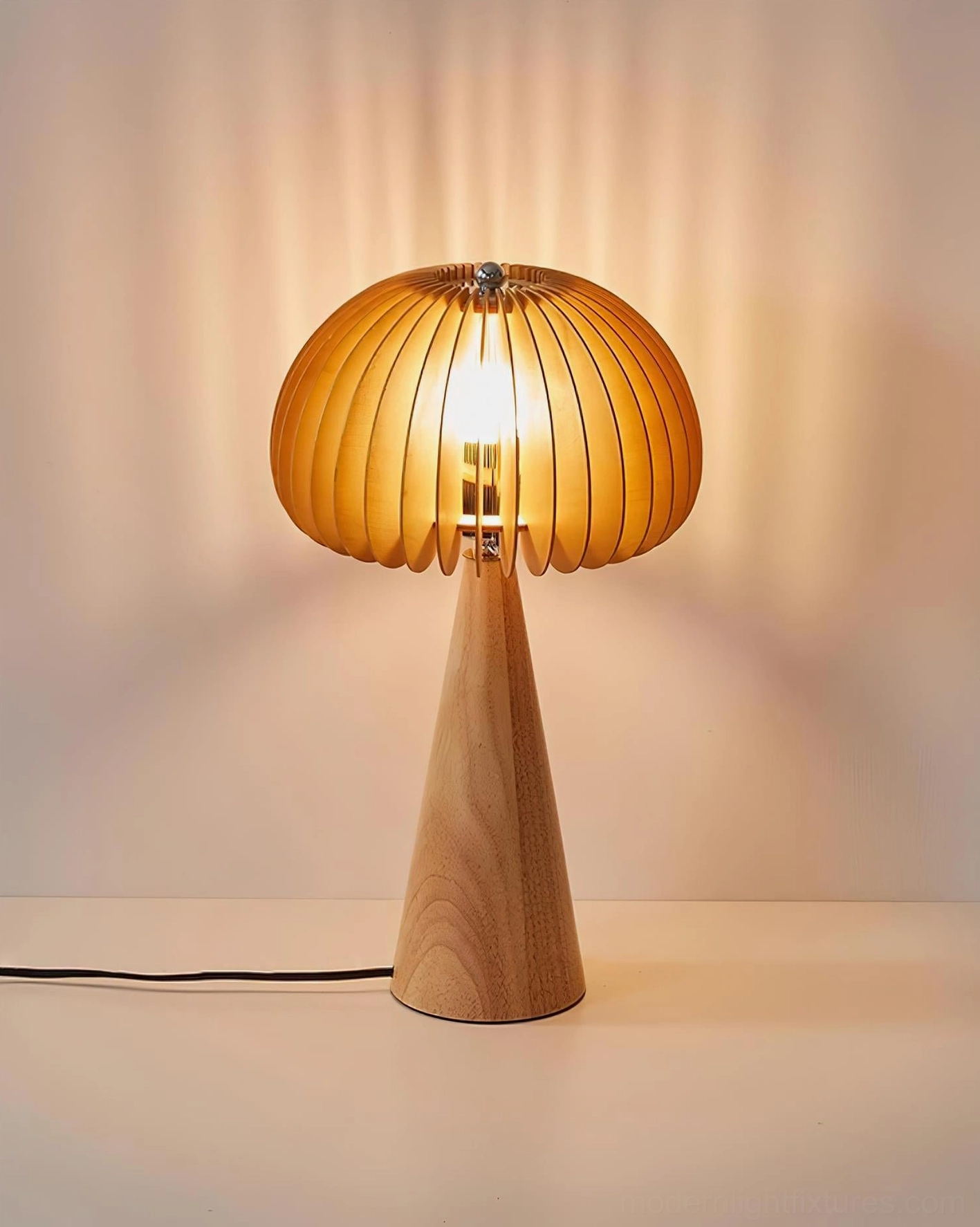 Sylora mushroom table lamp architectural design detail, ribbed shade construction and wooden base craftsmanship