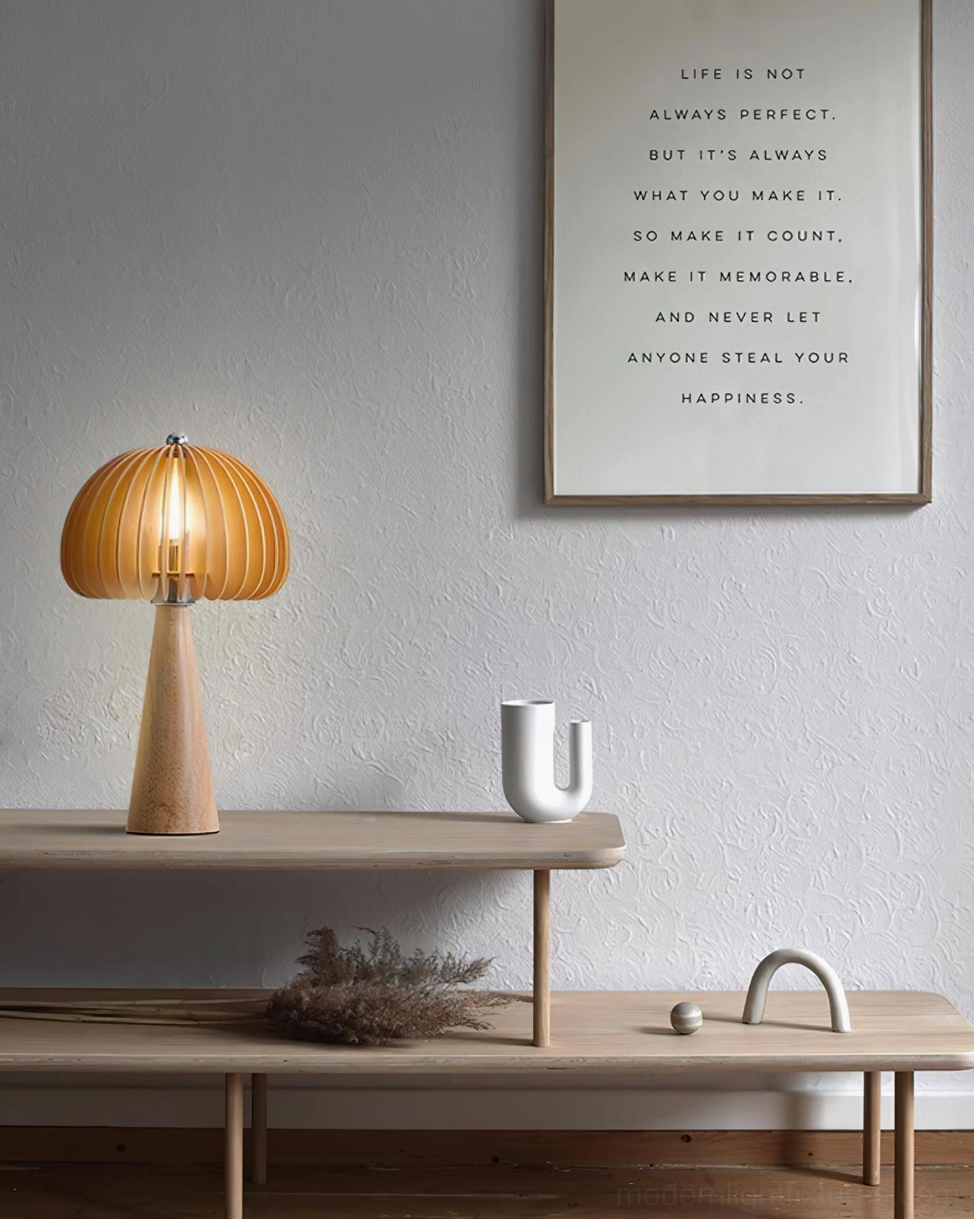 Sylora wooden table lamp in contemporary home setting, japandi style interior design accent lighting