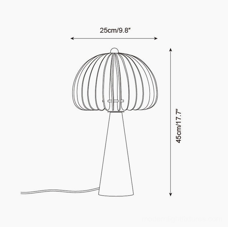Sylora large table lamp technical line drawing blueprint schematic, 25cm width by 45cm height, ribbed shade design