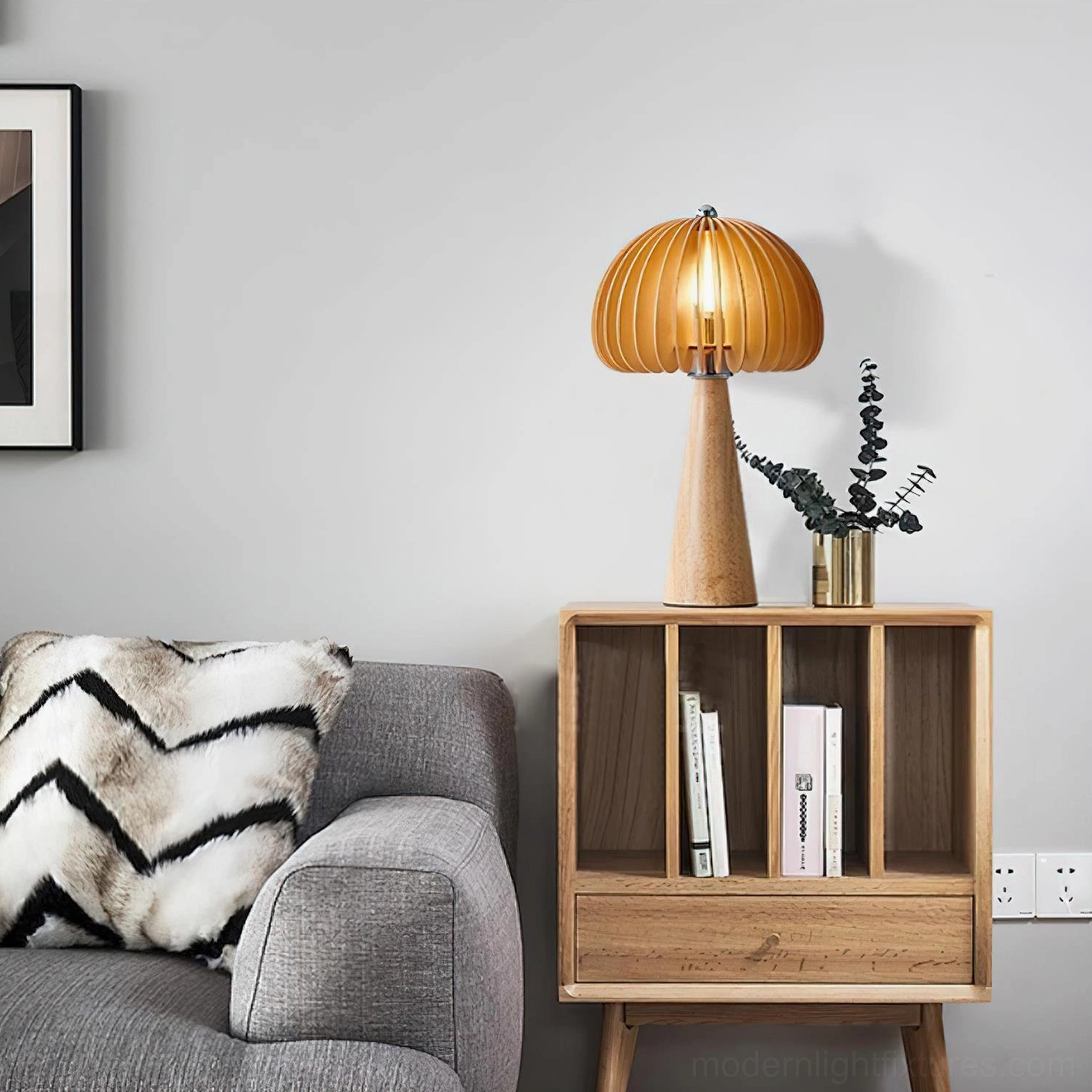 Sylora wooden mushroom table lamp mid-century modern aesthetic, warm natural light diffusion and glow