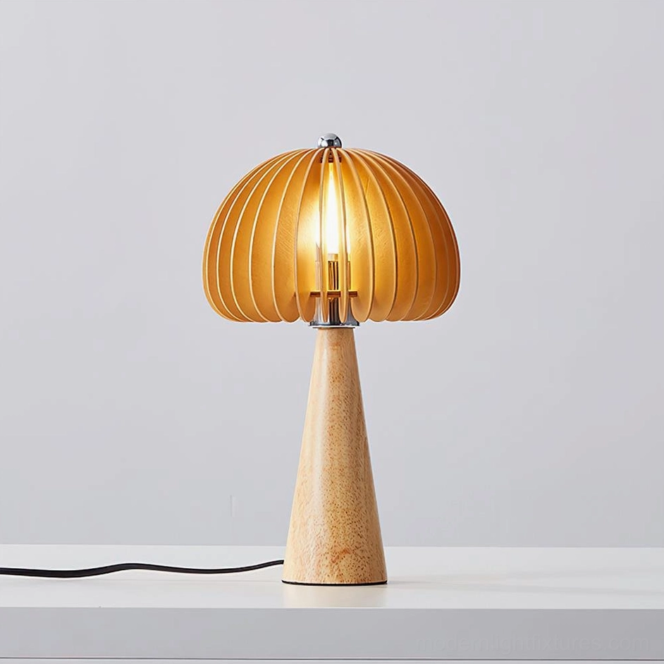 Sylora wooden mushroom table lamp with exposed filament bulb, ribbed tan shade, light conical wood base, studio close-up