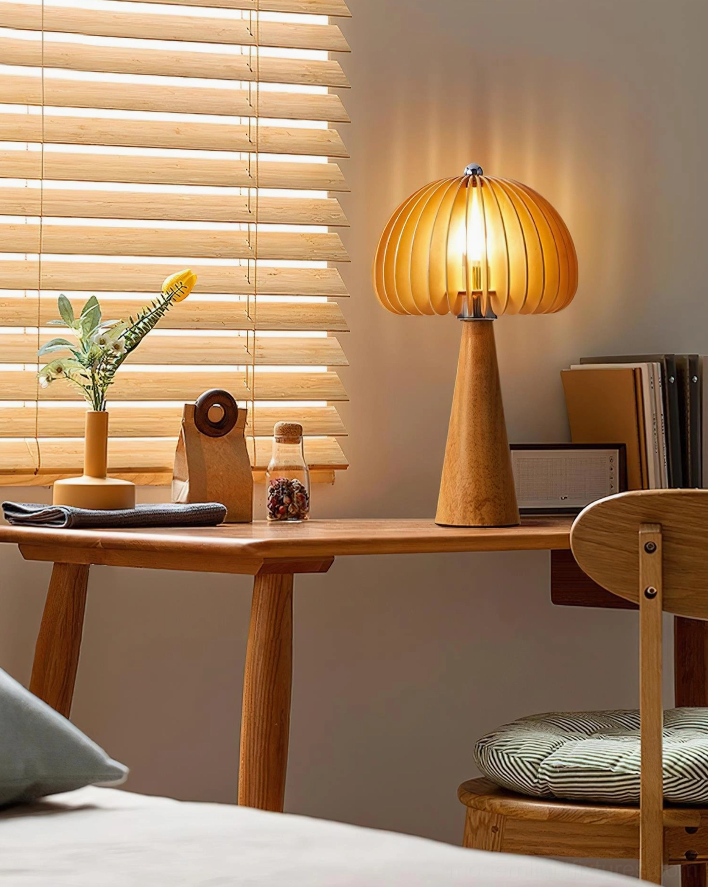 Sylora wooden table lamp ambient lighting in scandinavian interior, cozy home atmosphere with warm wood tones