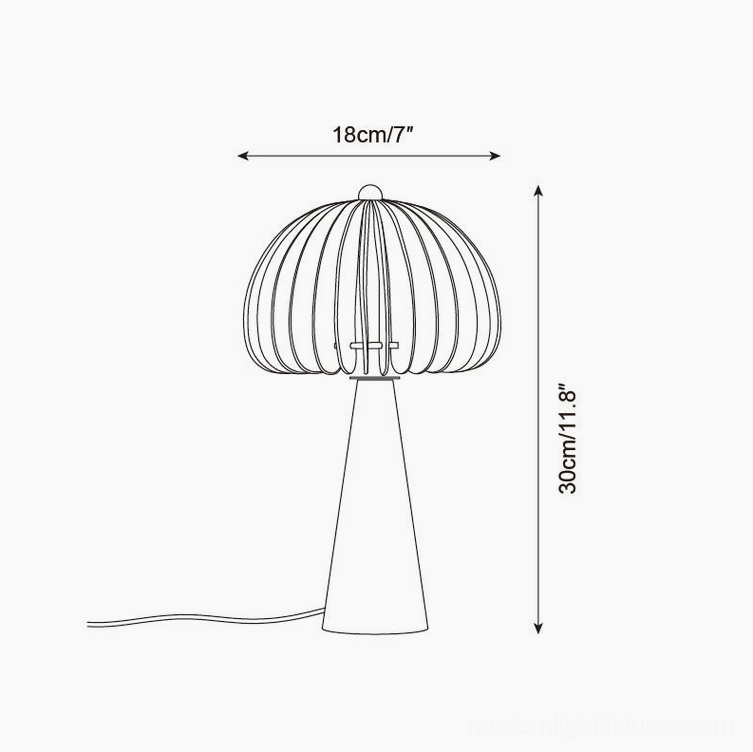 Sylora small table lamp technical line drawing blueprint schematic, 18cm width by 30cm height with ribbed shade frame