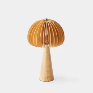 Sylora wooden mushroom table lamp with ribbed tan shade and conical light wood base, front view, Nordic minimalist style