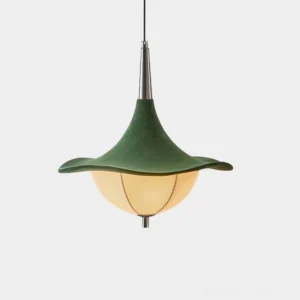 Sylva Drift mid-century pendant light with dark green flocked shade and frosted glass diffuser, studio front view with silver metal hardware