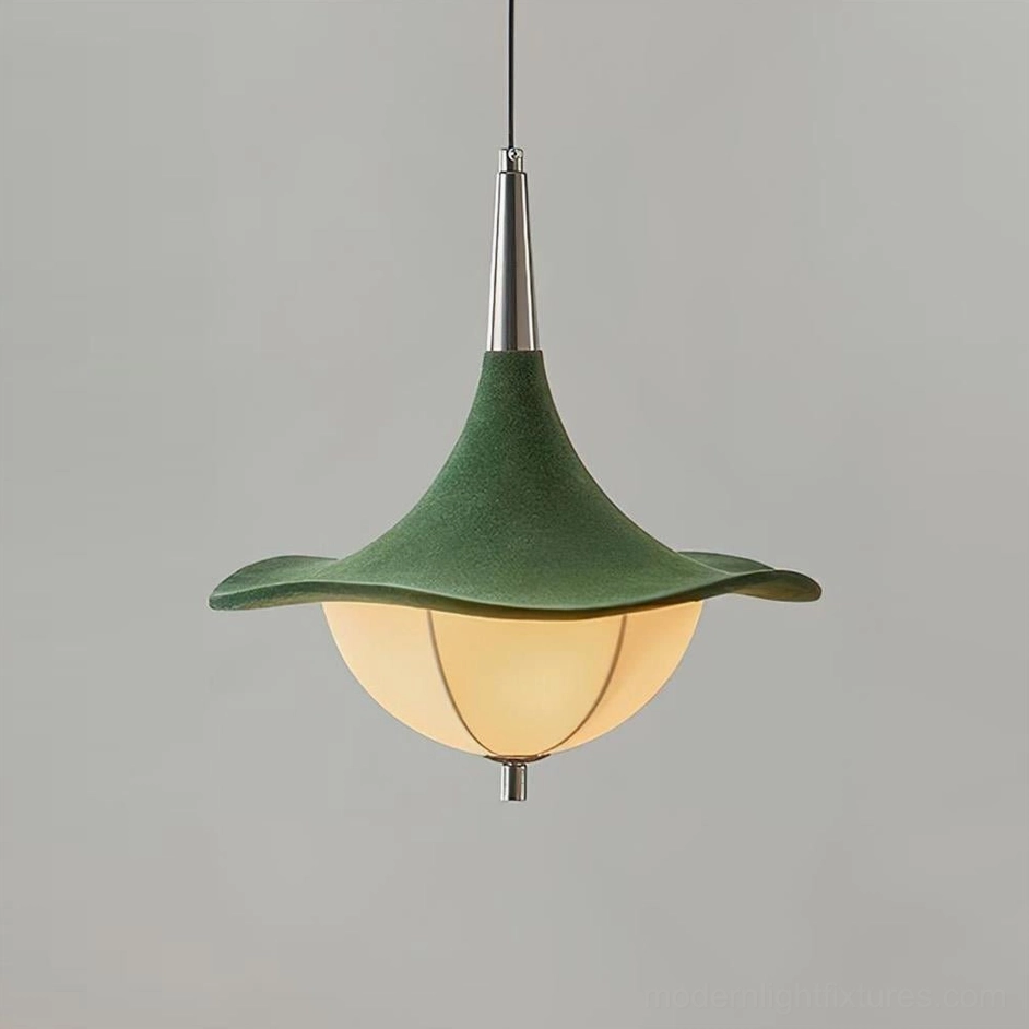 Sylva Drift retro pendant lamp with deep green flocked shade and warm frosted glass in low angle studio shot