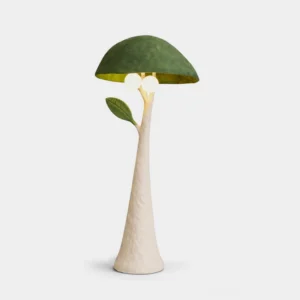 Sylvara mushroom floor lamp with green velvet shade and beige textured resin pole featuring leaf accent detail, front view against white background