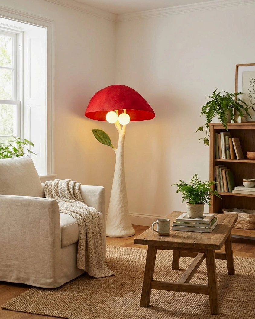 Sylvara mushroom floor lamp detailed view showing resin construction, metal framework, and domed velvet shade craftsmanship